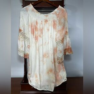 Rebellion Women’s Medium Boho Cream Peach Tie-Dye Dress Lace Bell Sleeves